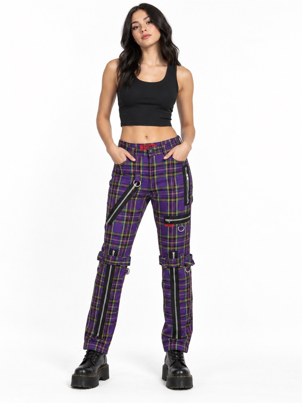 Tripp NYC Purple Plaid Bondage Pants Size 30 Punk Goth Zip Strap Y2K